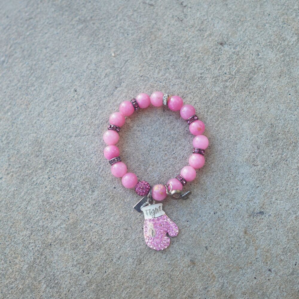 Breast Cancer Awareness Charm Bracelet Pink 10mm Stone Beads Boxing Glove Fight